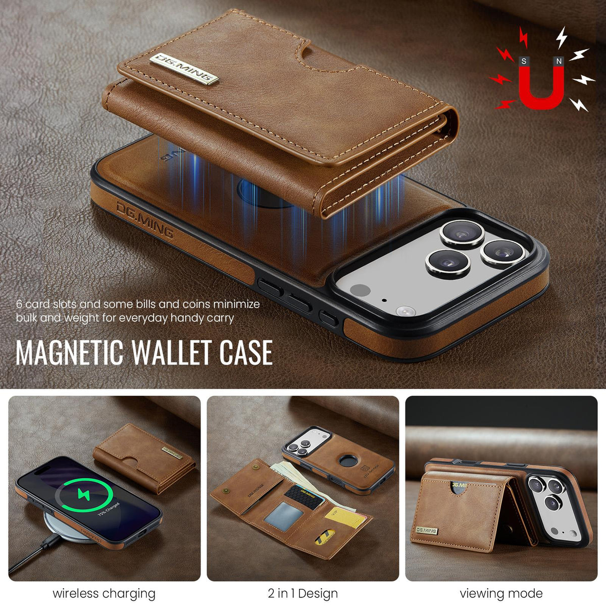Compatible with iPhone 18 Pro & 17 Pro DG.MING M6 Series RFID Tri-fold Card Bag Removable Leather Phone Case - Brown