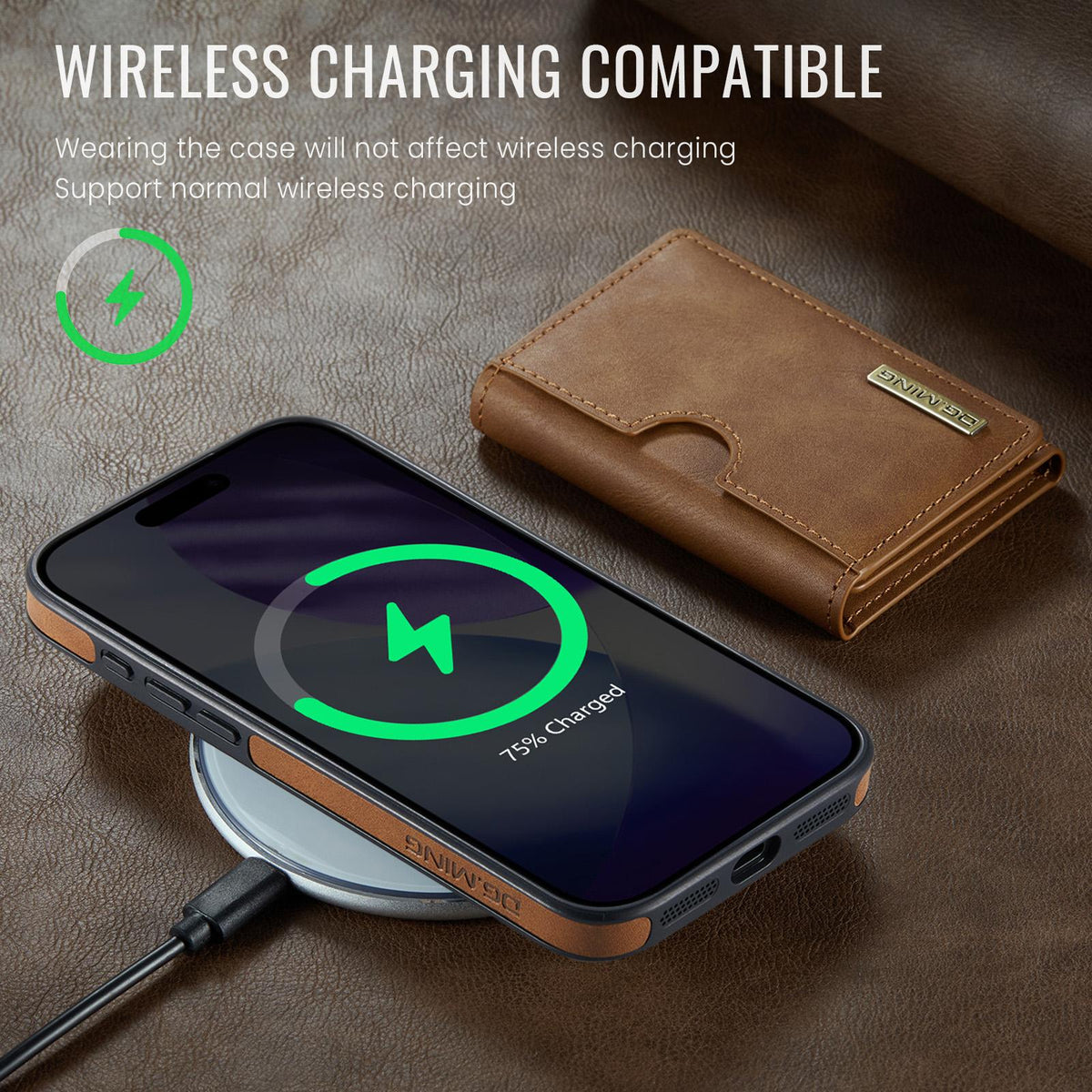 Compatible with iPhone 18 Pro & 17 Pro DG.MING M6 Series RFID Tri-fold Card Bag Removable Leather Phone Case - Brown