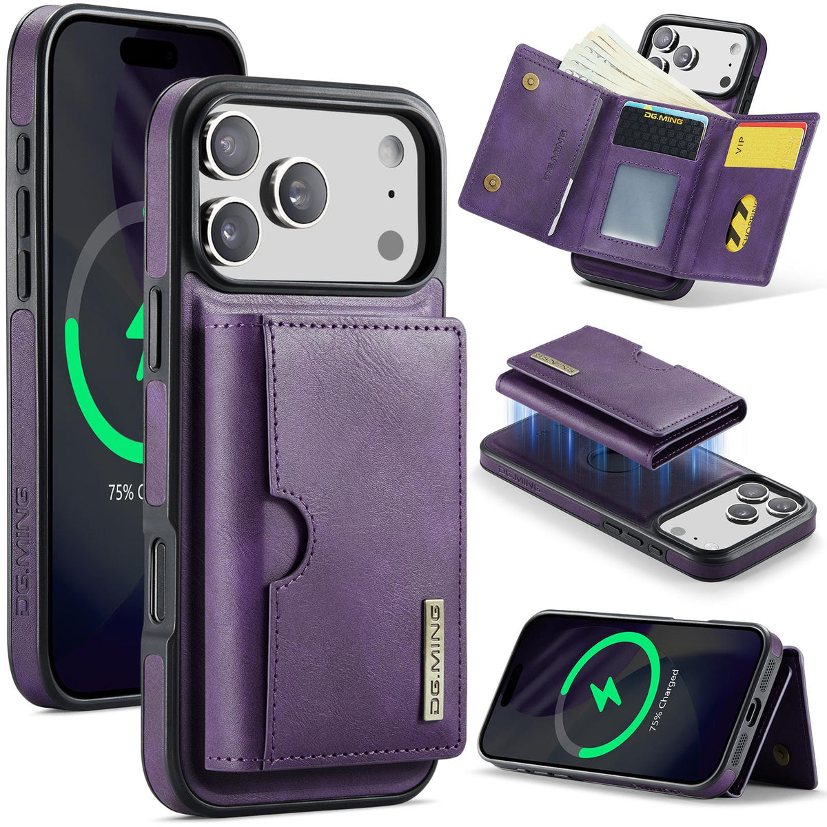 Compatible with iPhone 18 Pro & 17 Pro DG.MING M6 Series RFID Tri-fold Card Bag Removable Leather Phone Case - Purple
