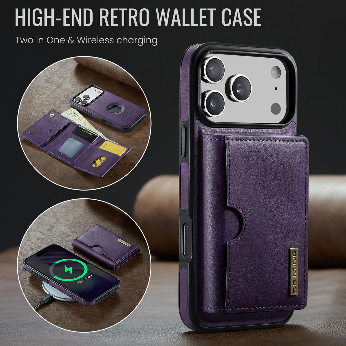Compatible with iPhone 18 Pro & 17 Pro DG.MING M6 Series RFID Tri-fold Card Bag Removable Leather Phone Case - Purple