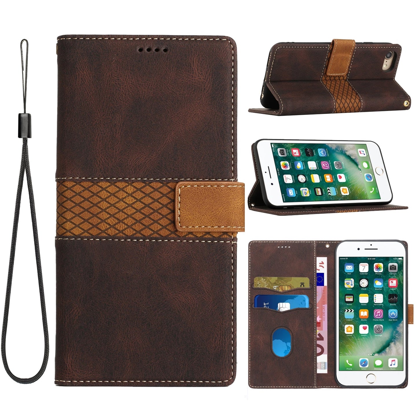 For iPhone 16e Grid Stitching Leather Phone Case with Lanyard(Brown)