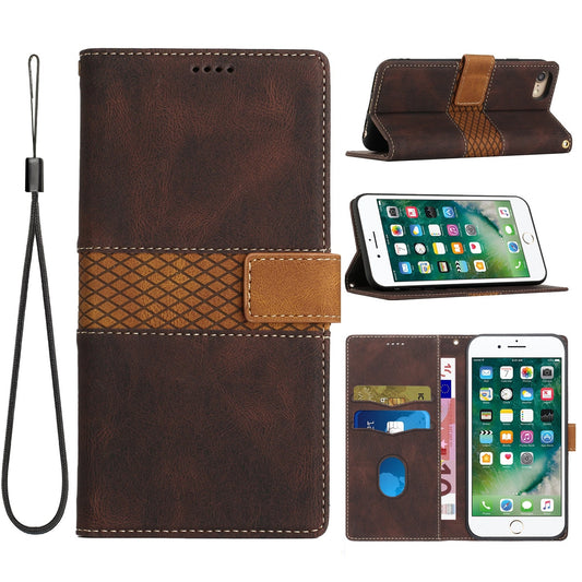 For iPhone 16e Grid Stitching Leather Phone Case with Lanyard(Brown)