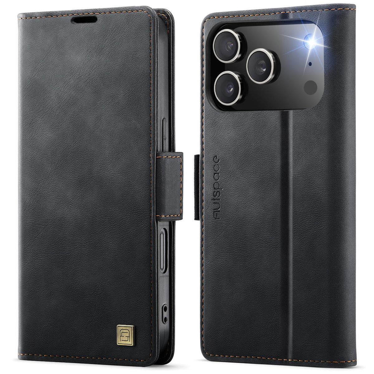 Compatible with iPhone 18 Pro Max & 17 Pro Max AutSpace A11 Side Buckle MagSafe Magnetic RFID Phone Leather Case - Black