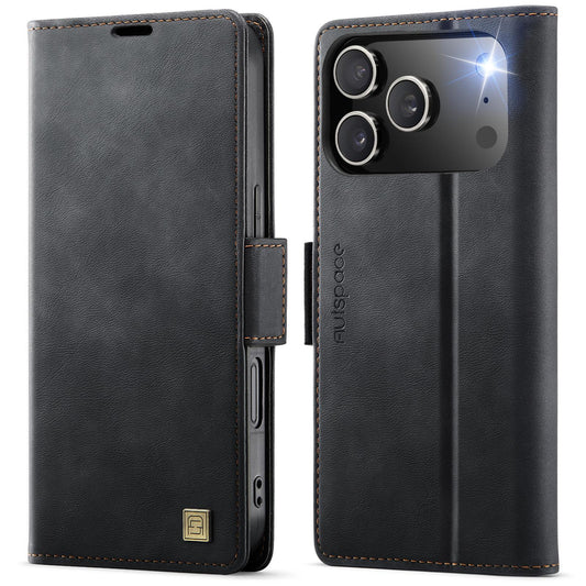 Compatible with iPhone 18 Pro Max & 17 Pro Max AutSpace A11 Side Buckle MagSafe Magnetic RFID Phone Leather Case - Black