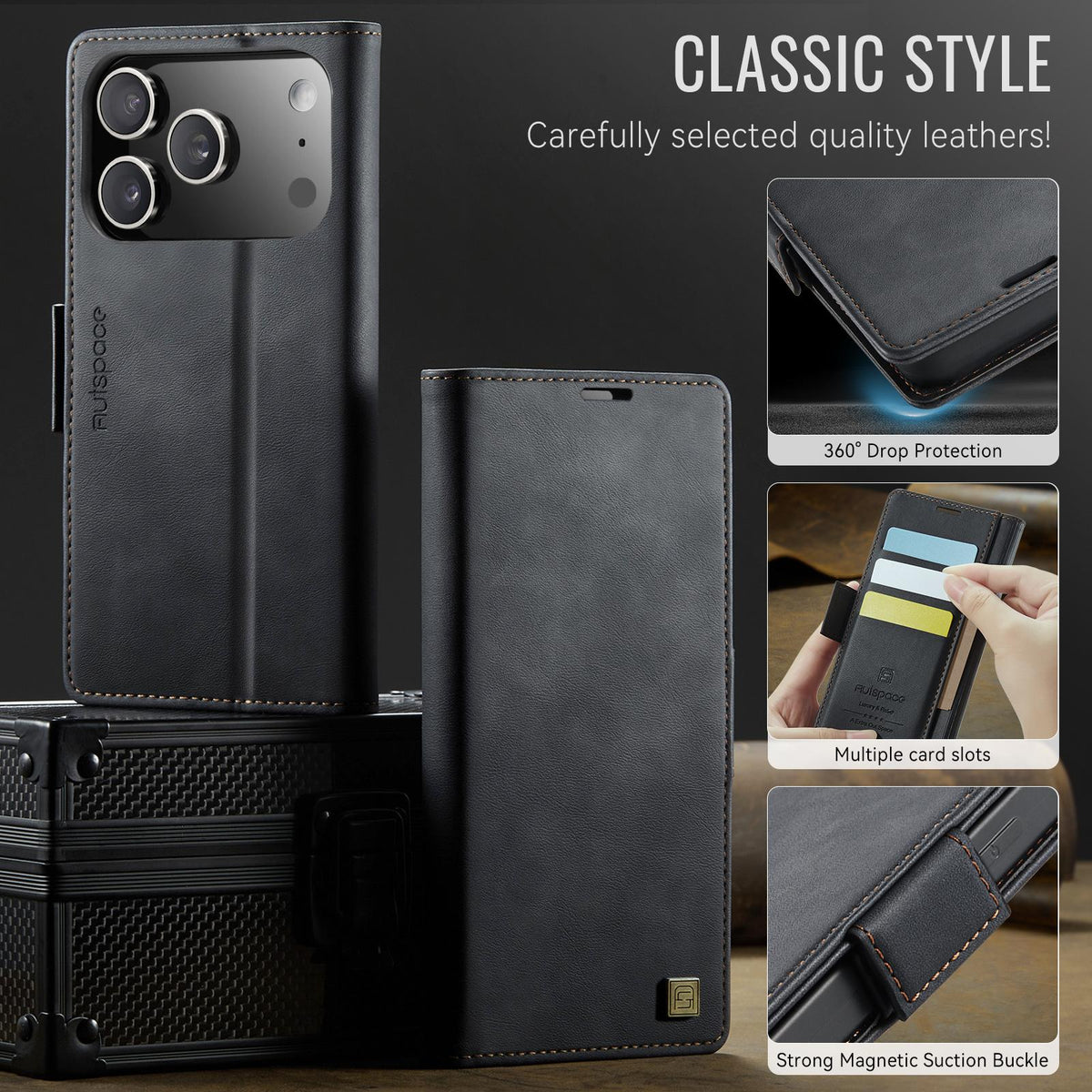 Compatible with iPhone 18 Pro Max & 17 Pro Max AutSpace A11 Side Buckle MagSafe Magnetic RFID Phone Leather Case - Black