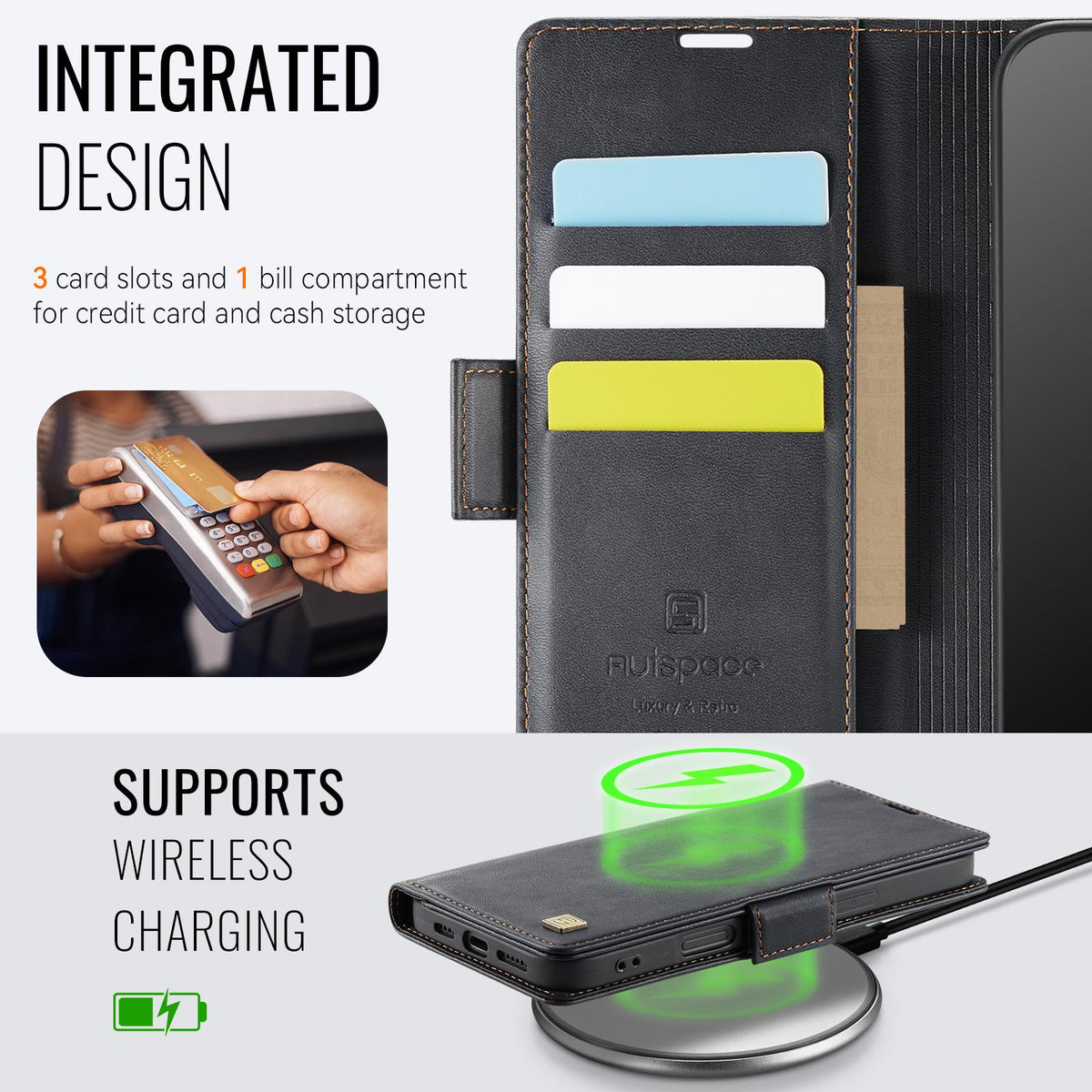Compatible with iPhone 18 Pro Max & 17 Pro Max AutSpace A11 Side Buckle MagSafe Magnetic RFID Phone Leather Case - Black