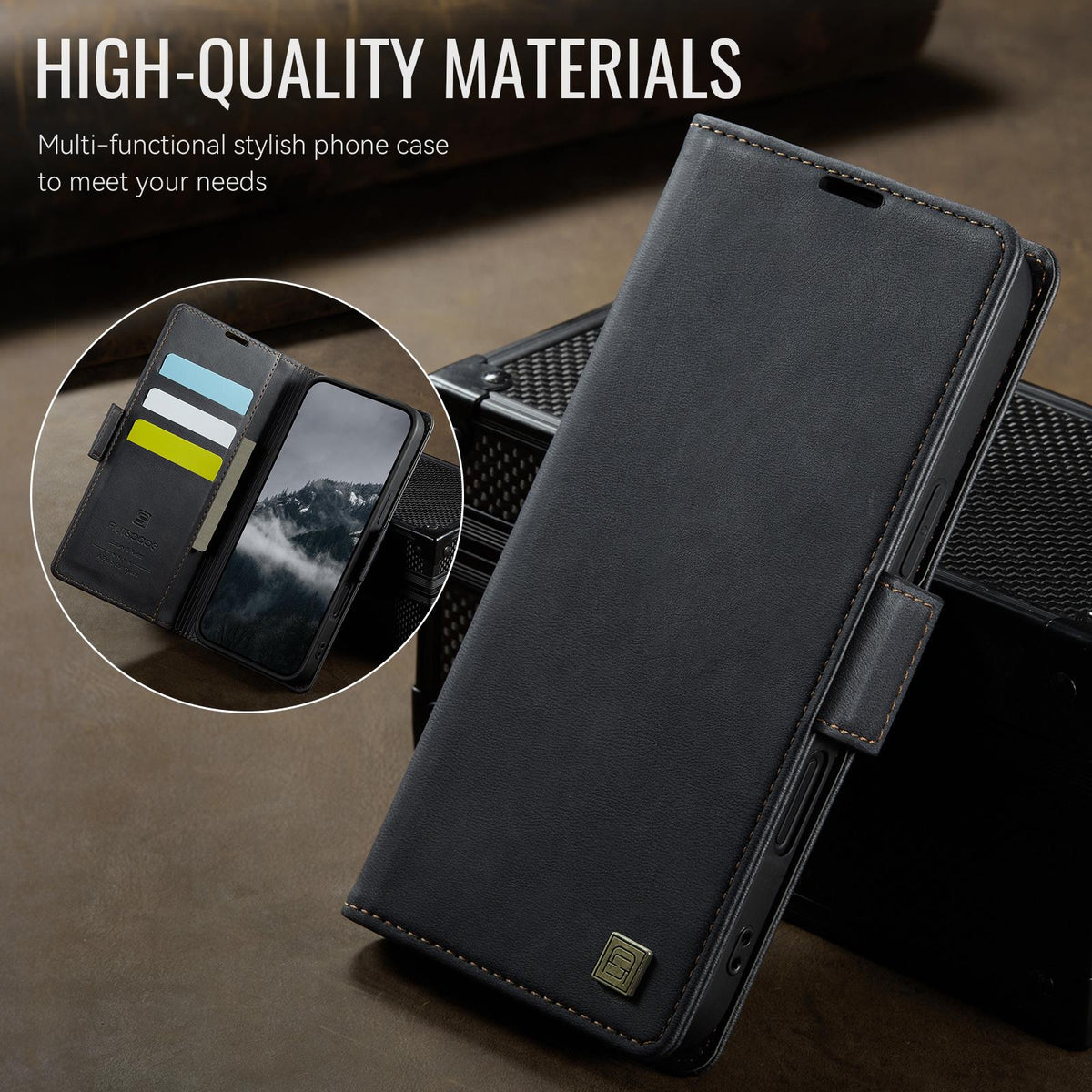 Compatible with iPhone 18 Pro Max & 17 Pro Max AutSpace A11 Side Buckle MagSafe Magnetic RFID Phone Leather Case - Black