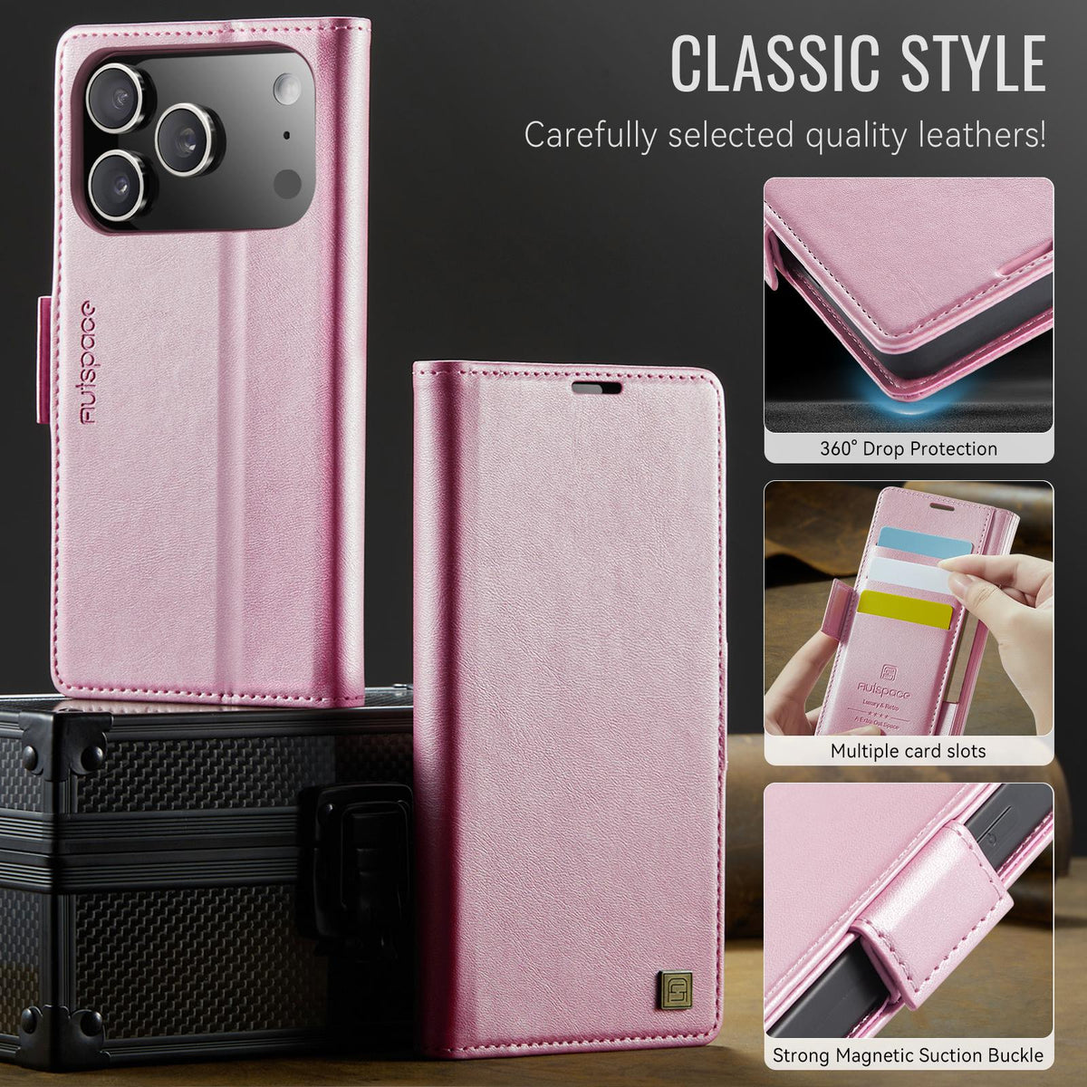 Compatible with iPhone 18 Pro Max & 17 Pro Max AutSpace A11 Side Buckle MagSafe Magnetic RFID Phone Leather Case - Rose Gold