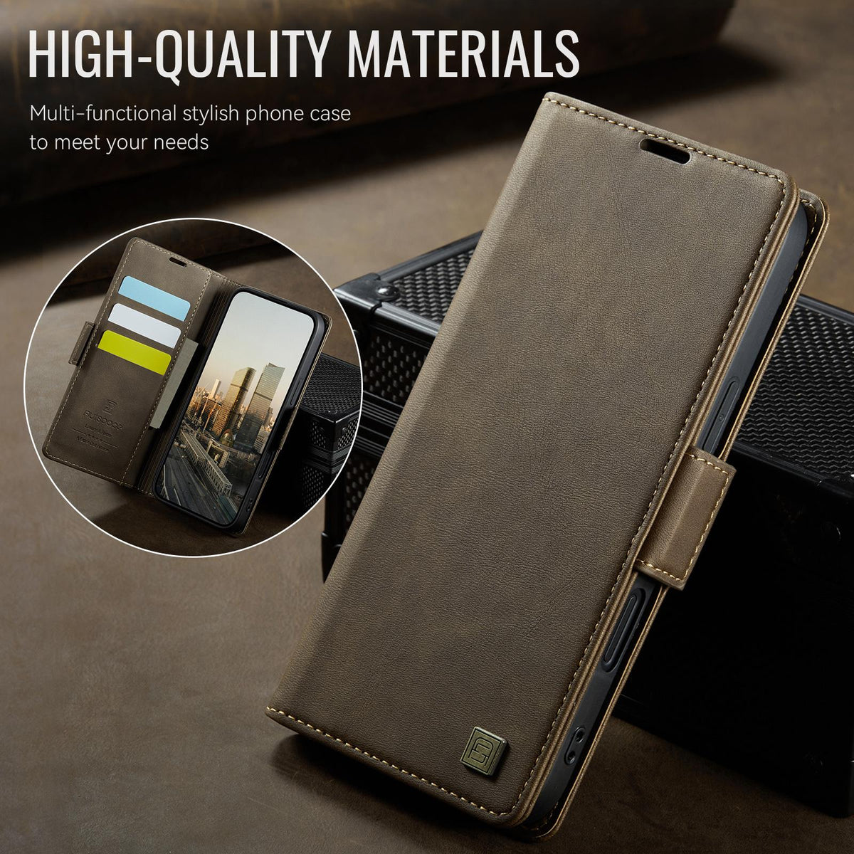 Compatible with iPhone 18 Pro Max & 17 Pro Max AutSpace A11 Side Buckle MagSafe Magnetic RFID Phone Leather Case - Coffee