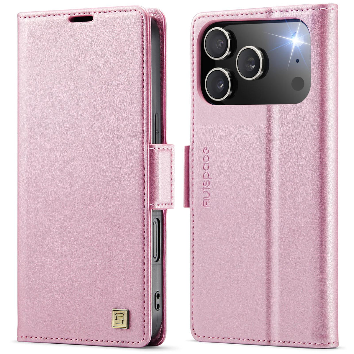 Compatible with iPhone 18 Pro & 17 Pro AutSpace A11 Side Buckle MagSafe Magnetic RFID Phone Leather Case - Rose Gold