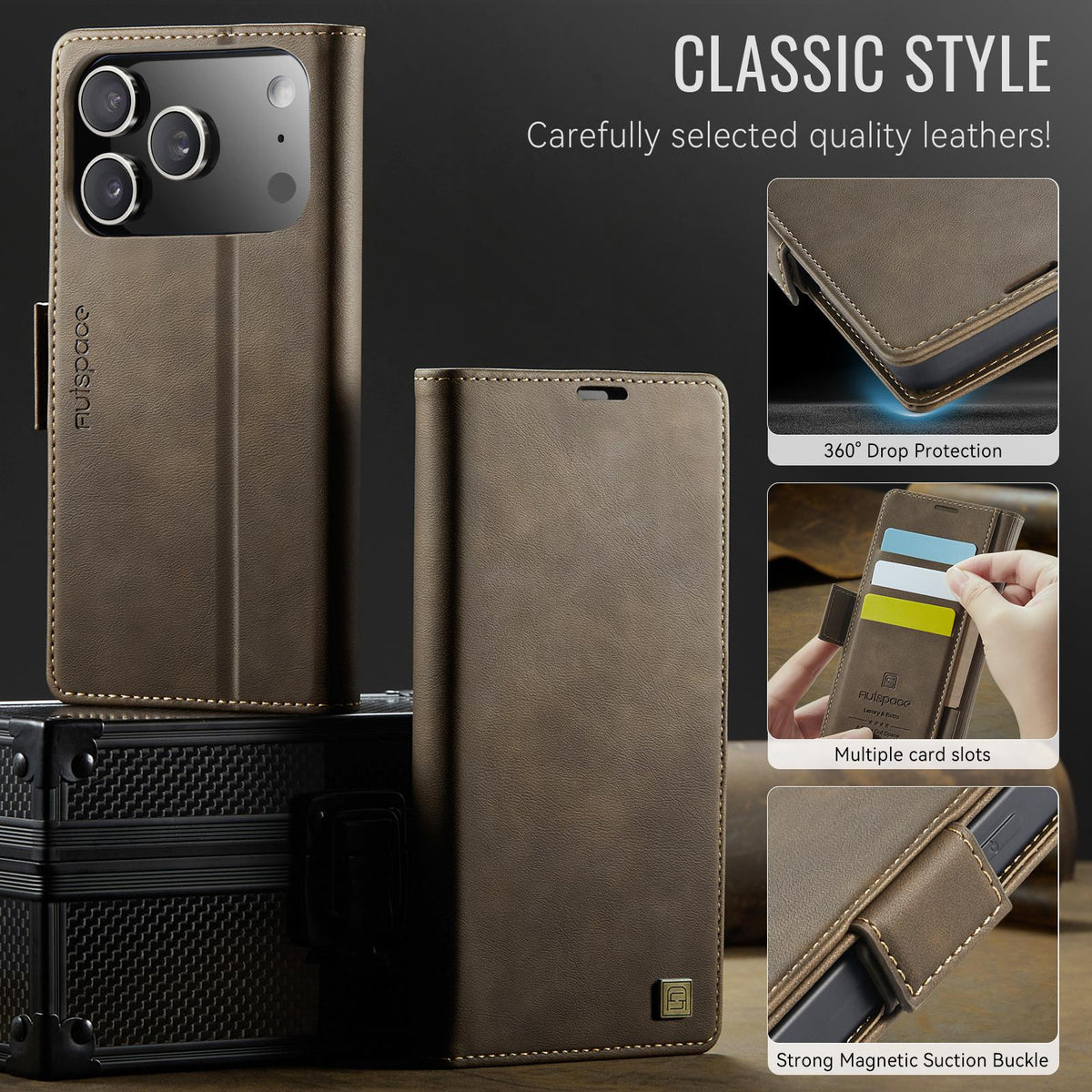 Compatible with iPhone 18 Pro & 17 Pro AutSpace A11 Side Buckle MagSafe Magnetic RFID Phone Leather Case - Coffee