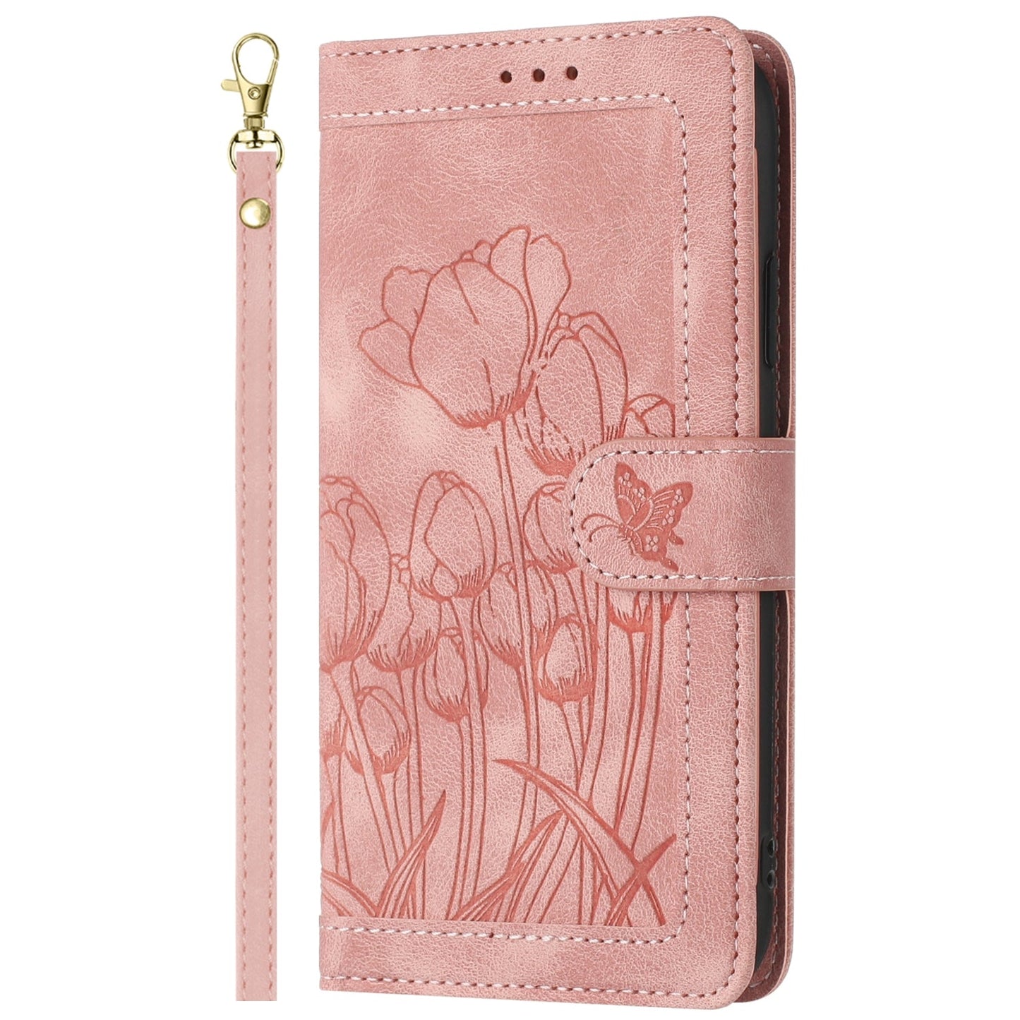 For iPhone 16e Tulips Embossed Leather Phone Case with Lanyard(Pink)