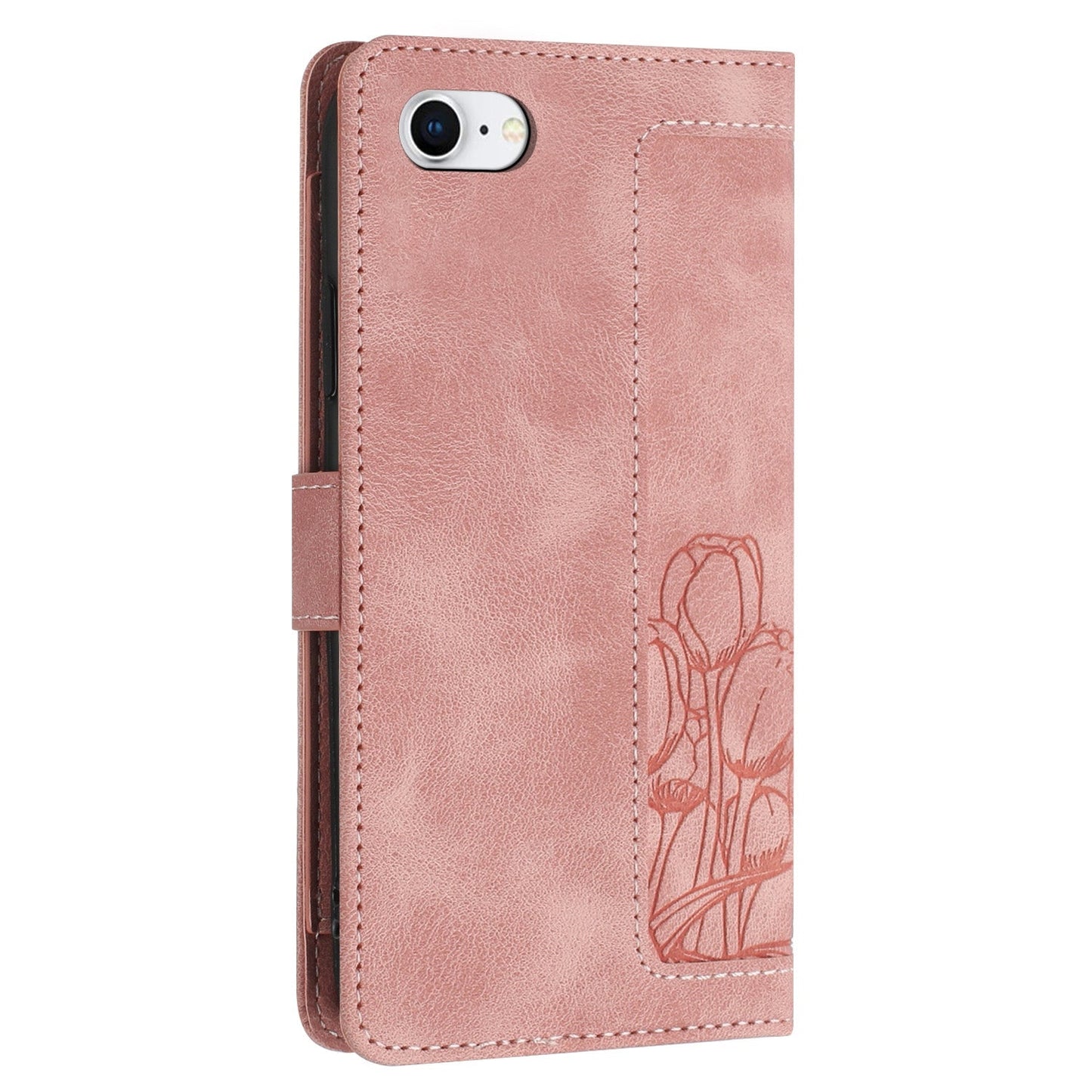 For iPhone 16e Tulips Embossed Leather Phone Case with Lanyard(Pink)