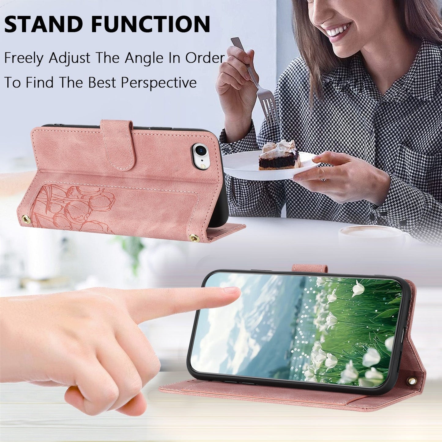 For iPhone 16e Tulips Embossed Leather Phone Case with Lanyard(Pink)