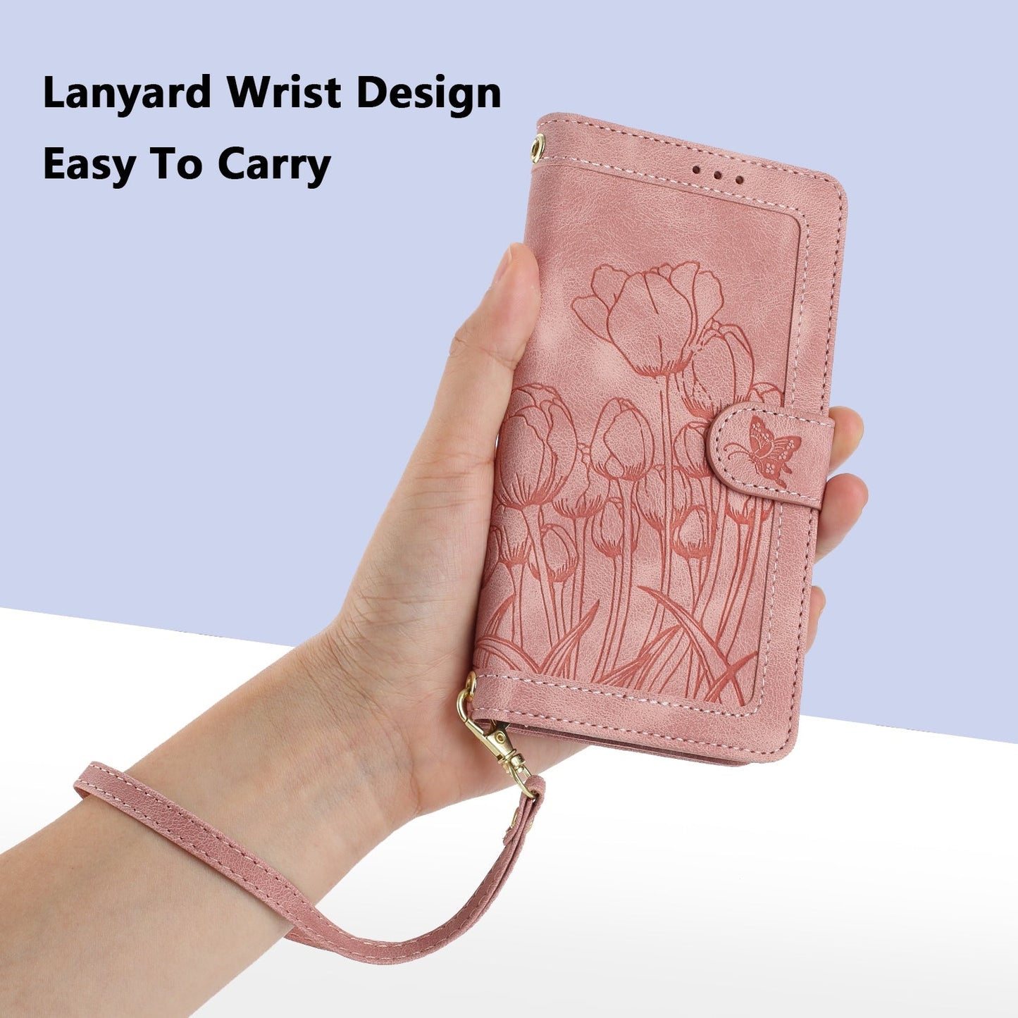 For iPhone 16e Tulips Embossed Leather Phone Case with Lanyard(Pink)