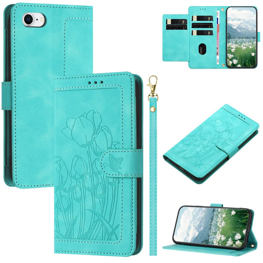 For iPhone 16e Tulips Embossed Leather Phone Case with Lanyard(Green)