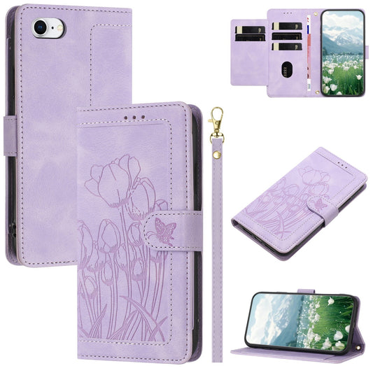 For iPhone 16e Tulips Embossed Leather Phone Case with Lanyard(Purple)