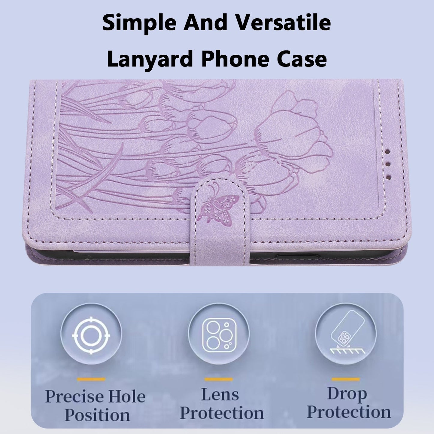 For iPhone 16e Tulips Embossed Leather Phone Case with Lanyard(Purple)