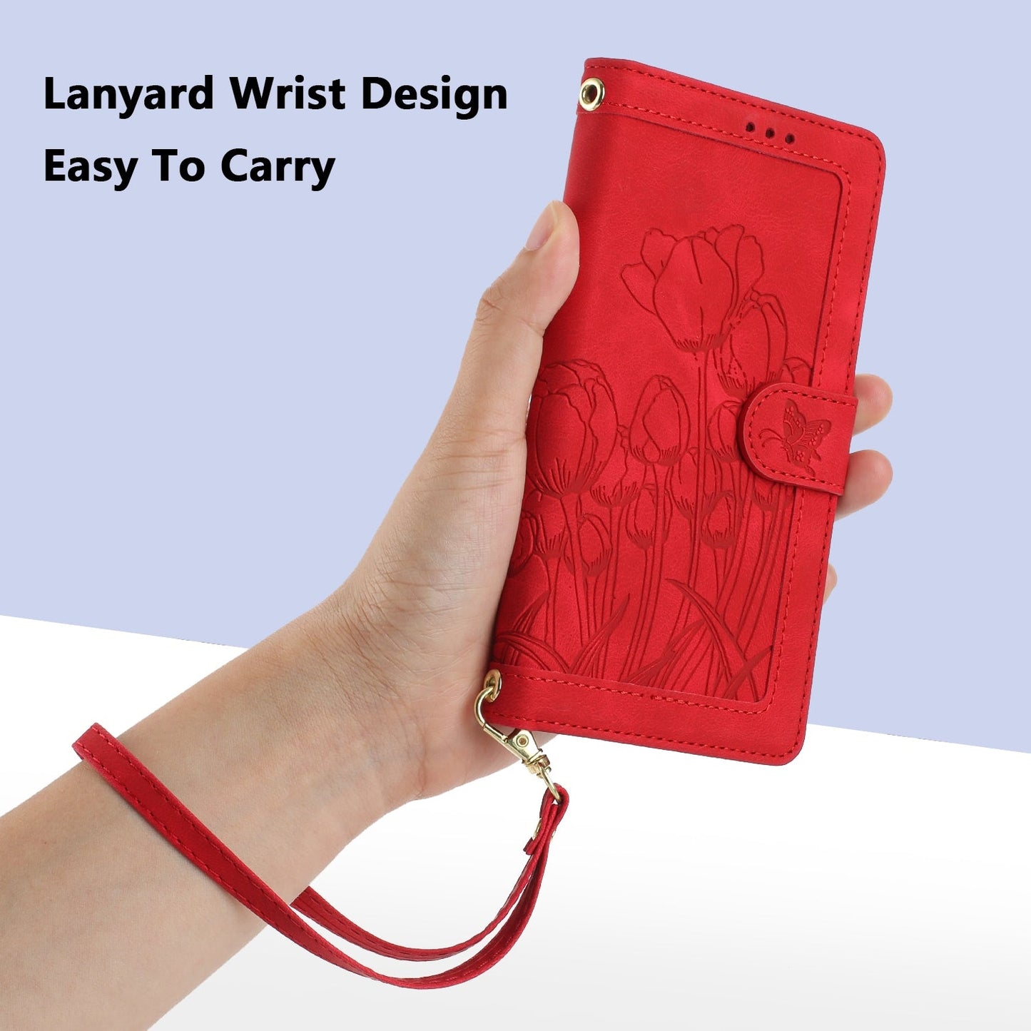 For iPhone 16e Tulips Embossed Leather Phone Case with Lanyard(Red)
