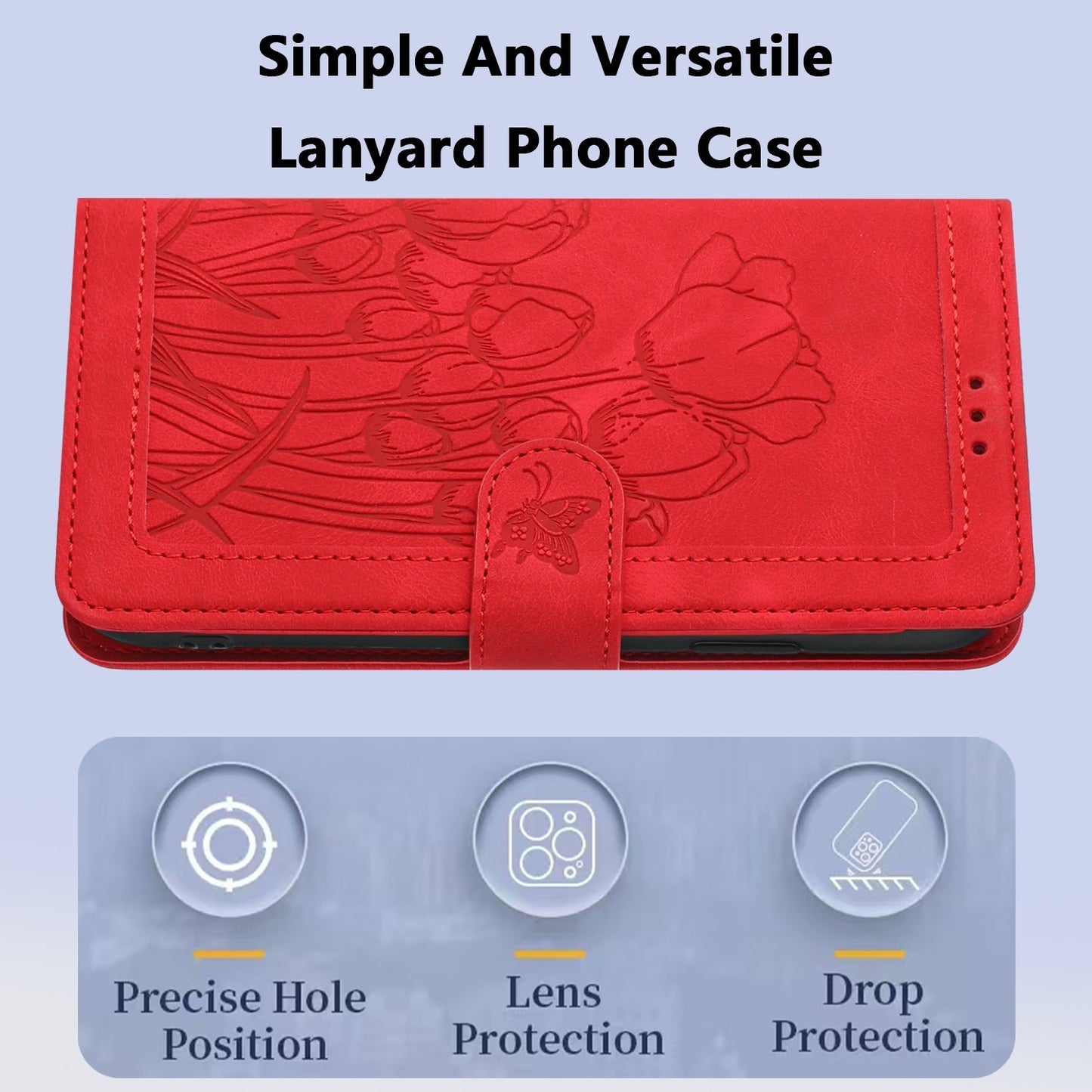 For iPhone 16e Tulips Embossed Leather Phone Case with Lanyard(Red)