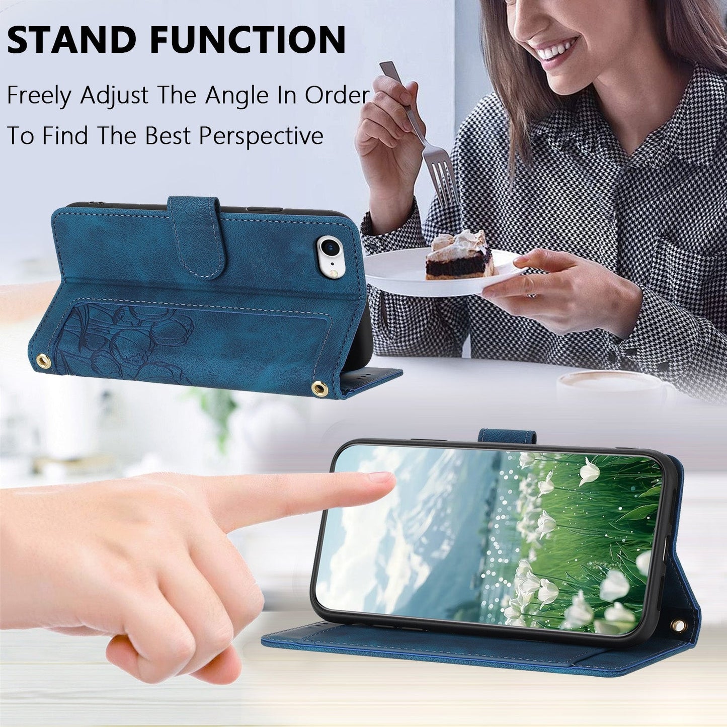 For iPhone 16e Tulips Embossed Leather Phone Case with Lanyard(Blue)