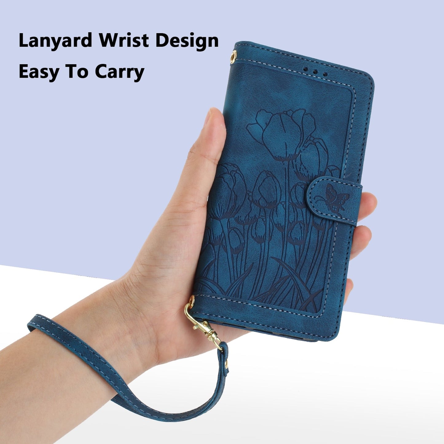 For iPhone 16e Tulips Embossed Leather Phone Case with Lanyard(Blue)