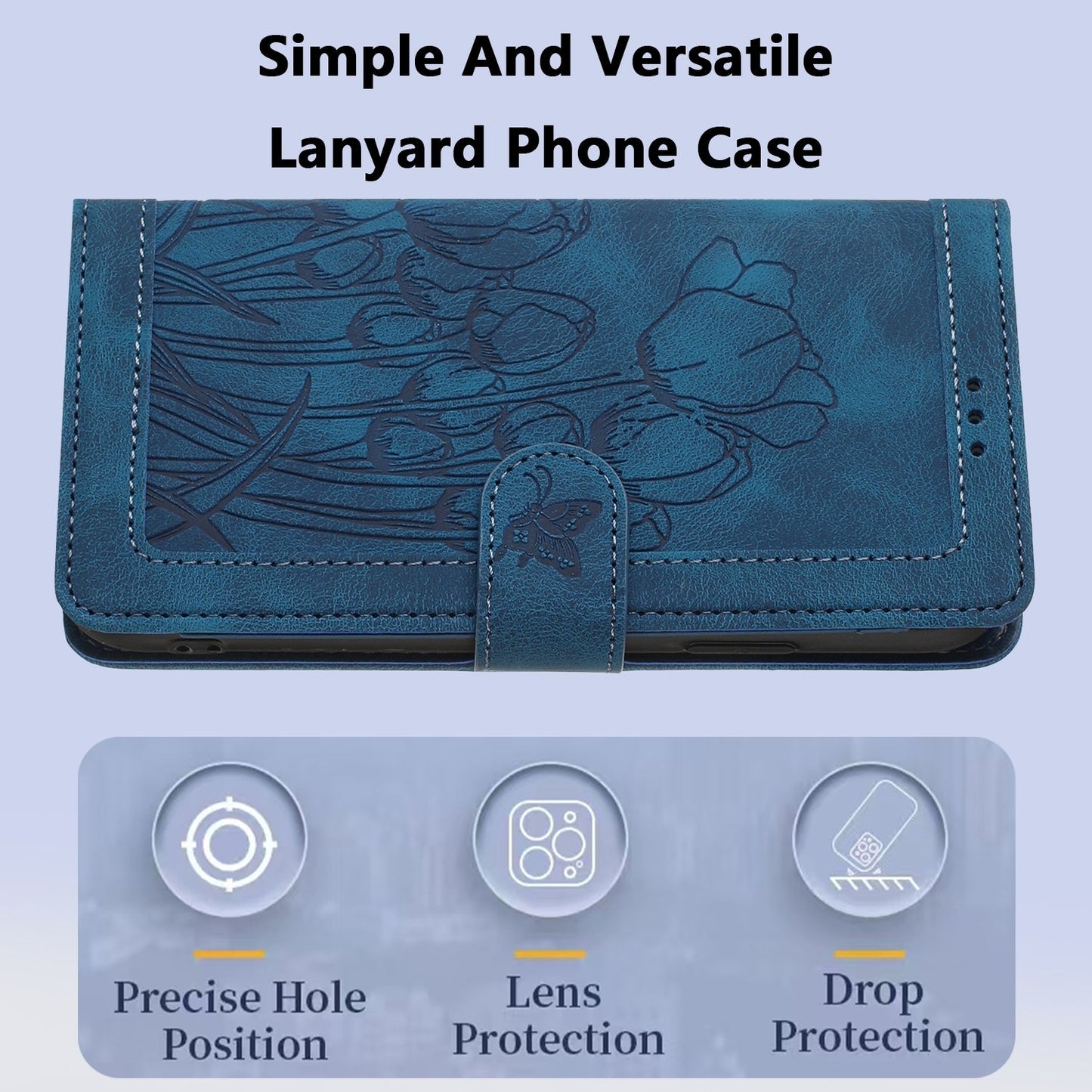 For iPhone 16e Tulips Embossed Leather Phone Case with Lanyard(Blue)