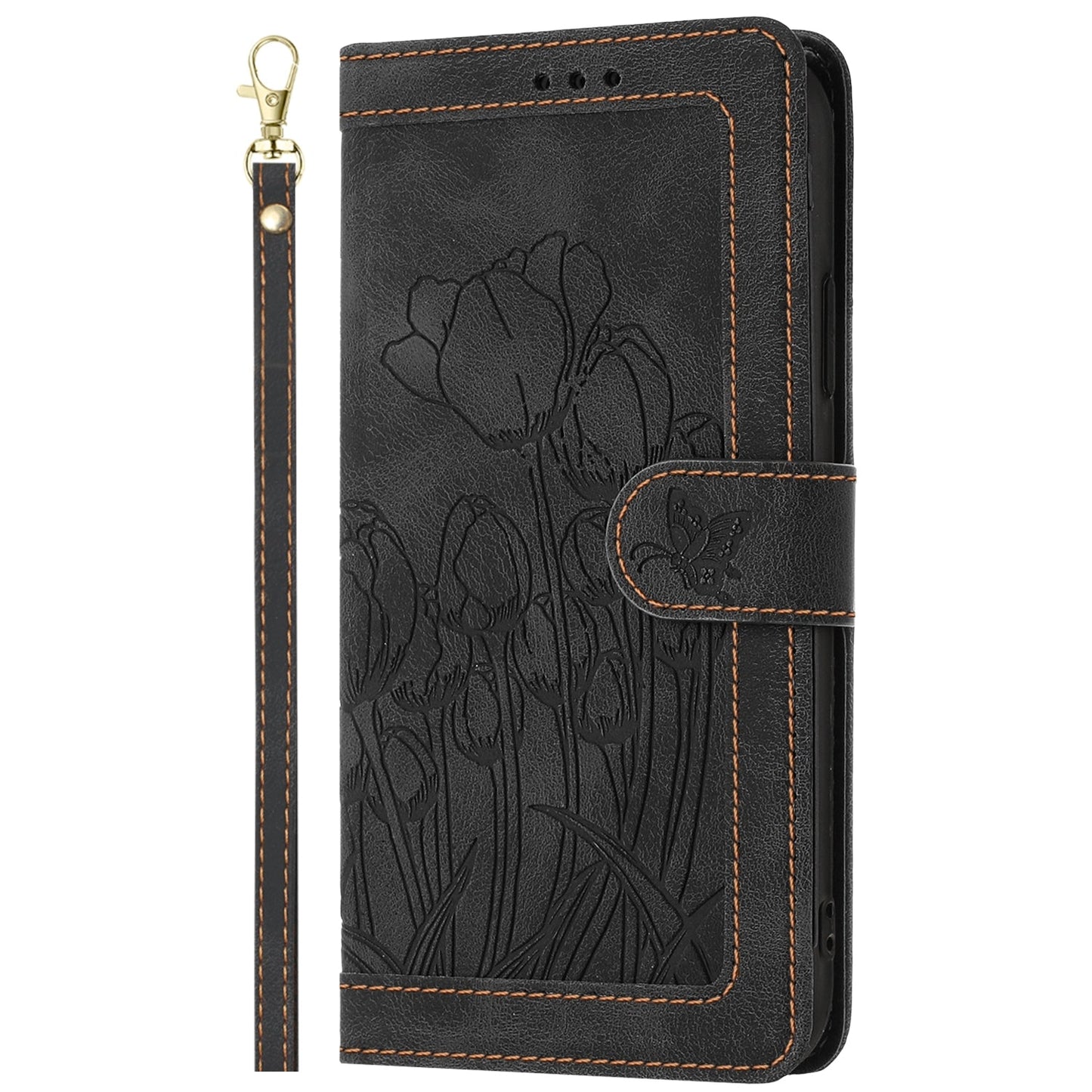 For iPhone 16e Tulips Embossed Leather Phone Case with Lanyard(Black)