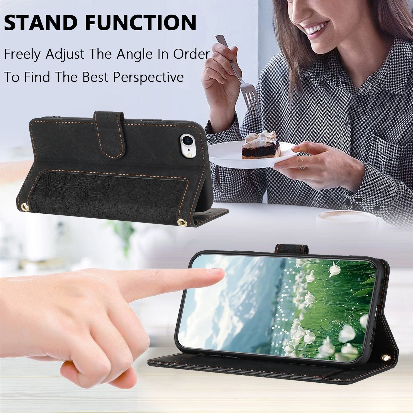 For iPhone 16e Tulips Embossed Leather Phone Case with Lanyard(Black)