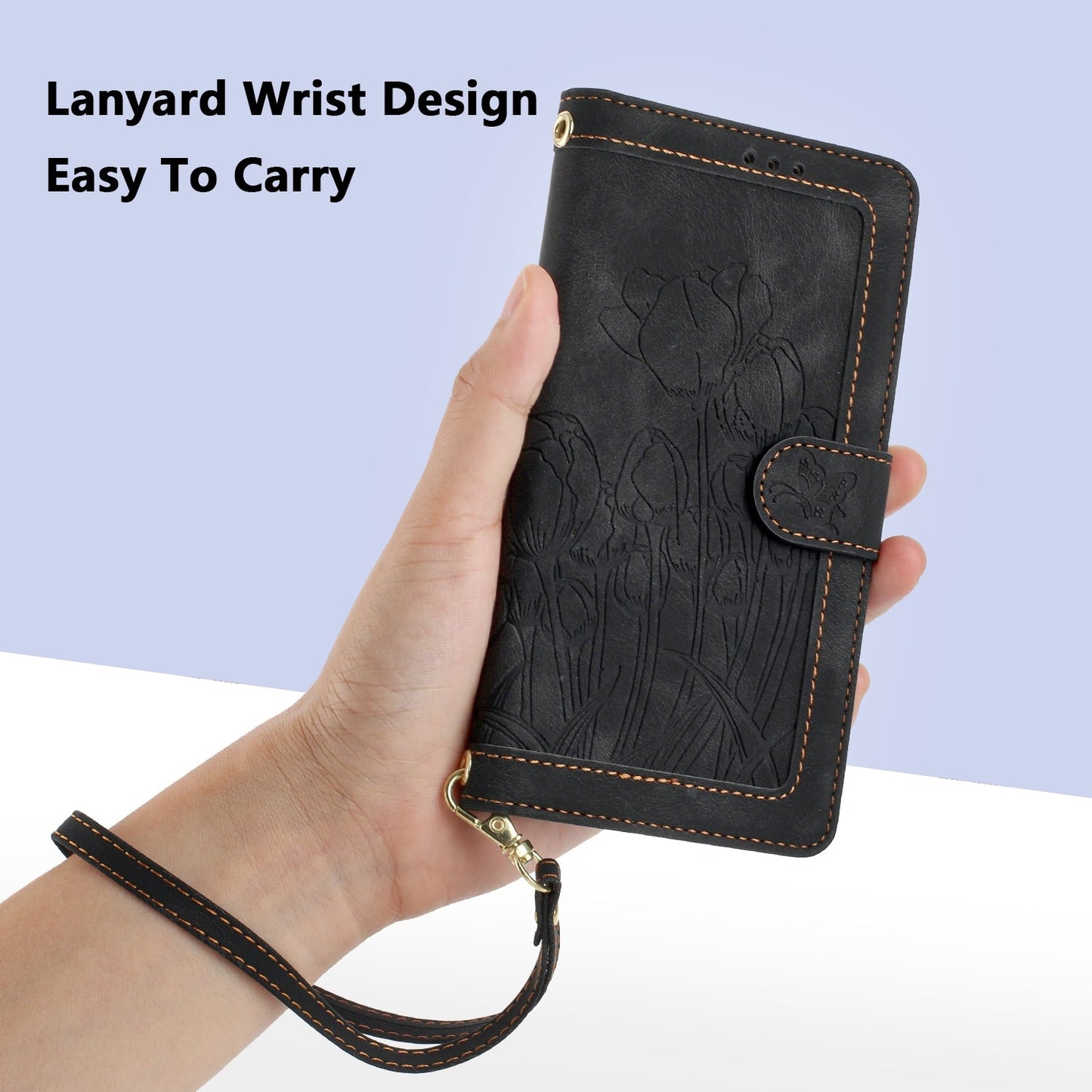 For iPhone 16e Tulips Embossed Leather Phone Case with Lanyard(Black)