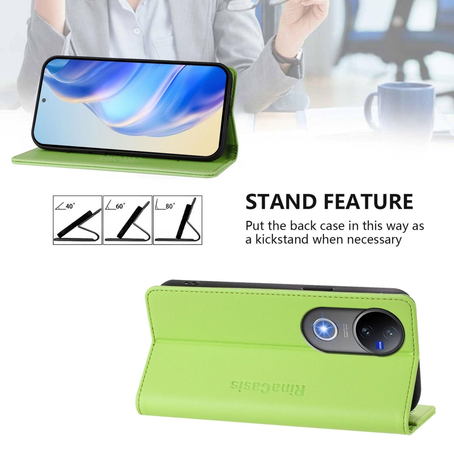 For vivo V50 5G Global RC01 Dual-Folded Magnetic Suction RFID Leather Phone Case(Grass Green)