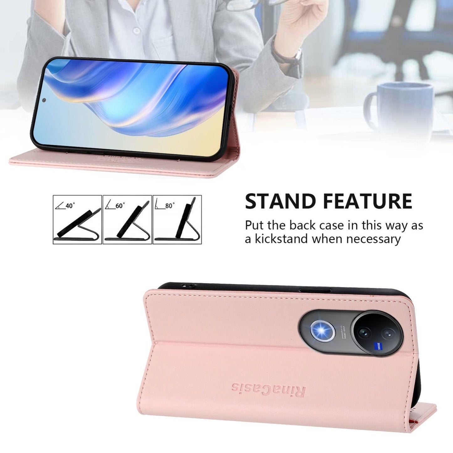 For vivo V50 5G Global RC01 Dual-Folded Magnetic Suction RFID Leather Phone Case(Pink)