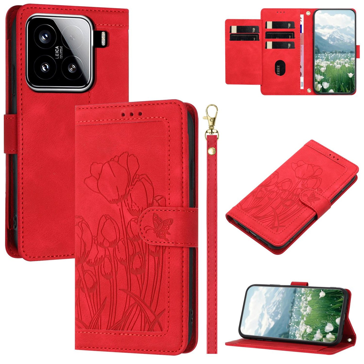 For Xiaomi 15 Tulips Embossed Leather Phone Case with Lanyard(Red)