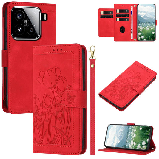 For Xiaomi 15 Tulips Embossed Leather Phone Case with Lanyard(Red)
