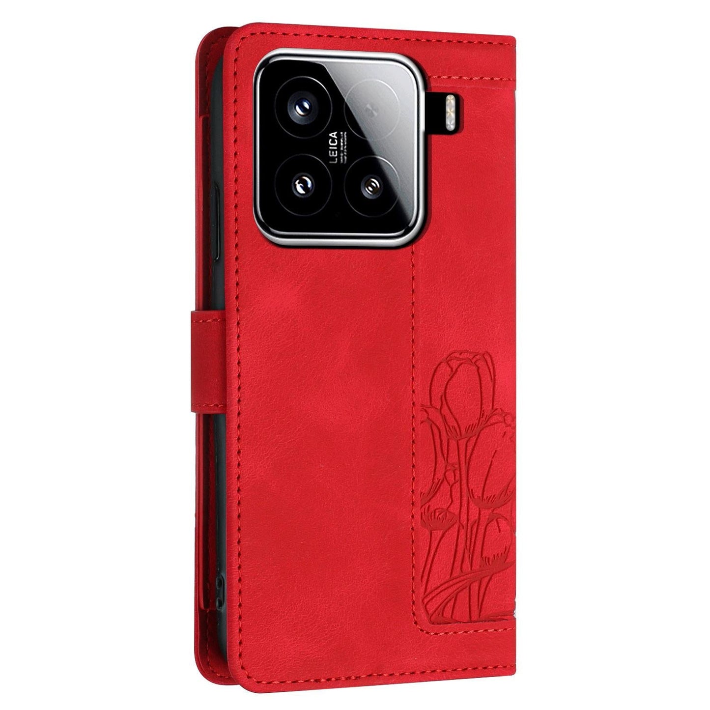 For Xiaomi 15 Tulips Embossed Leather Phone Case with Lanyard(Red)