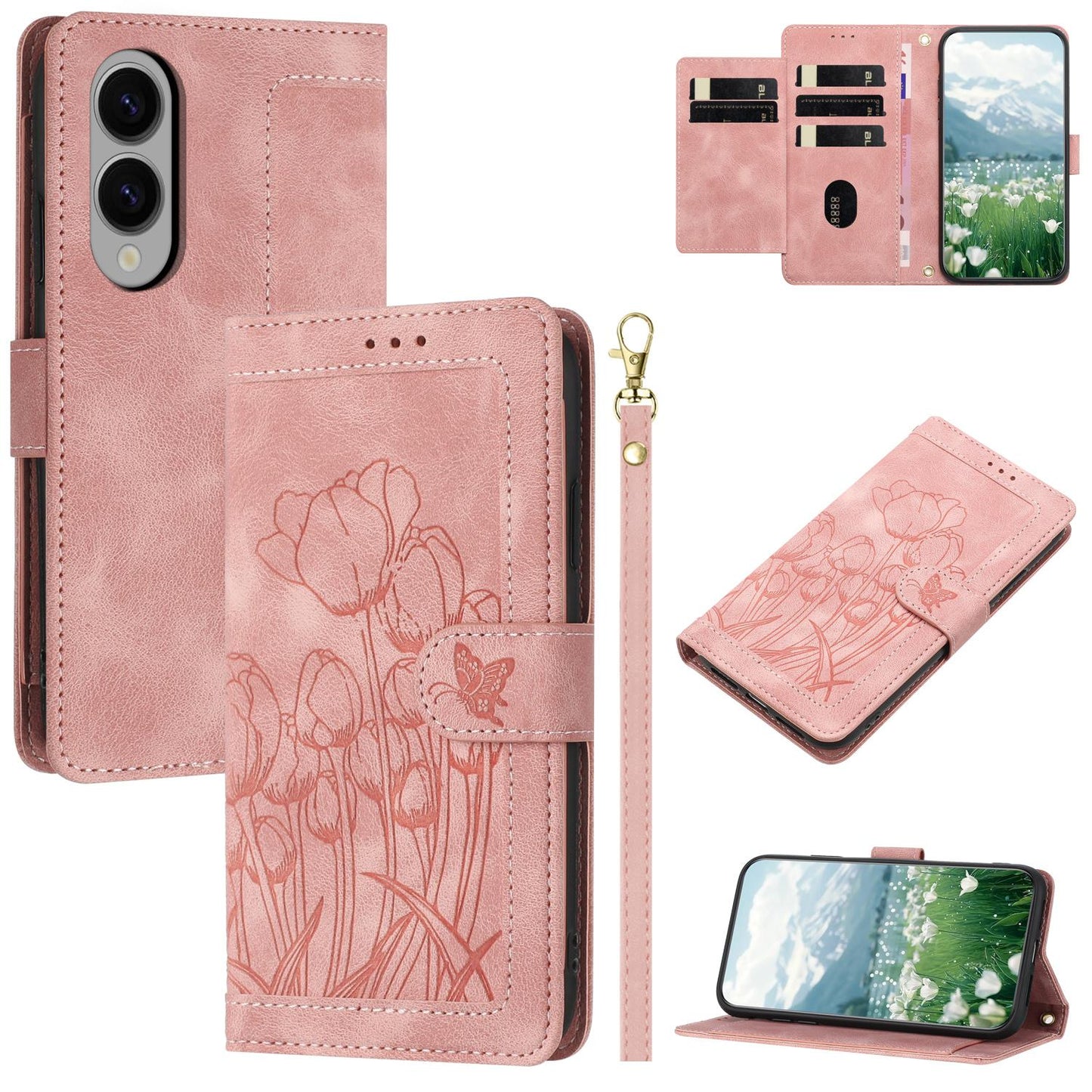 For Samsung Galaxy S25 Edge 5G Tulips Embossed Leather Phone Case with Lanyard(Pink)