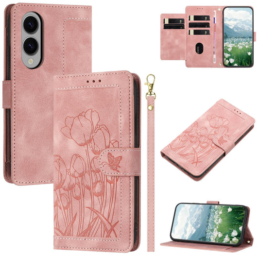 For Samsung Galaxy S25 Edge 5G Tulips Embossed Leather Phone Case with Lanyard(Pink)