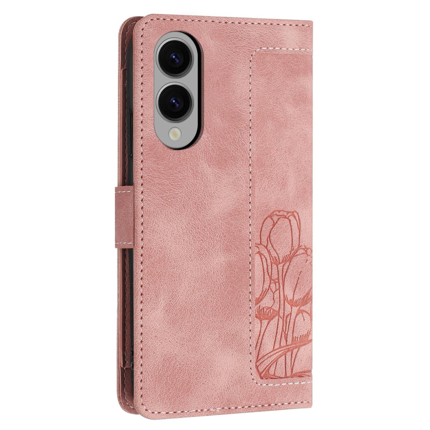 For Samsung Galaxy S25 Edge 5G Tulips Embossed Leather Phone Case with Lanyard(Pink)