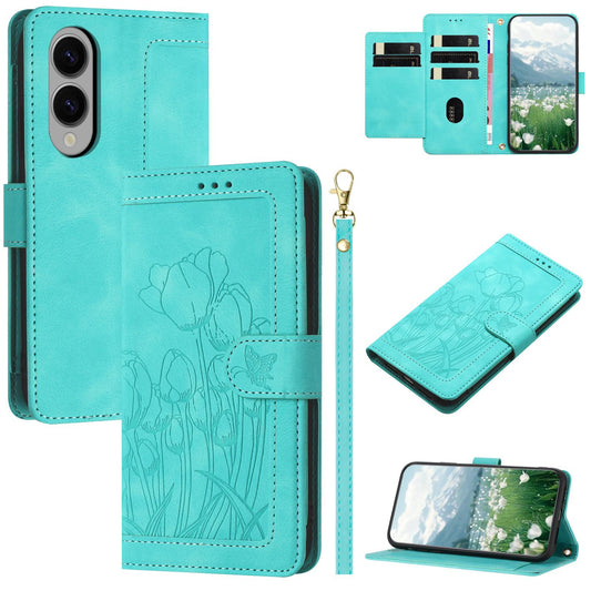 For Samsung Galaxy S25 Edge 5G Tulips Embossed Leather Phone Case with Lanyard(Green)