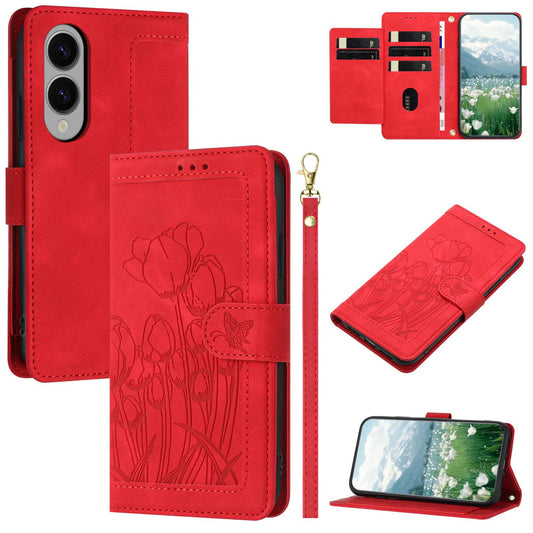 For Samsung Galaxy S25 Edge 5G Tulips Embossed Leather Phone Case with Lanyard(Red)
