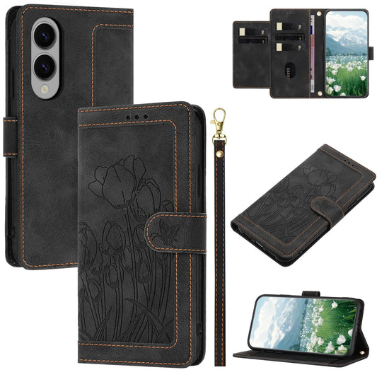 For Samsung Galaxy S25 Edge 5G Tulips Embossed Leather Phone Case with Lanyard(Black)