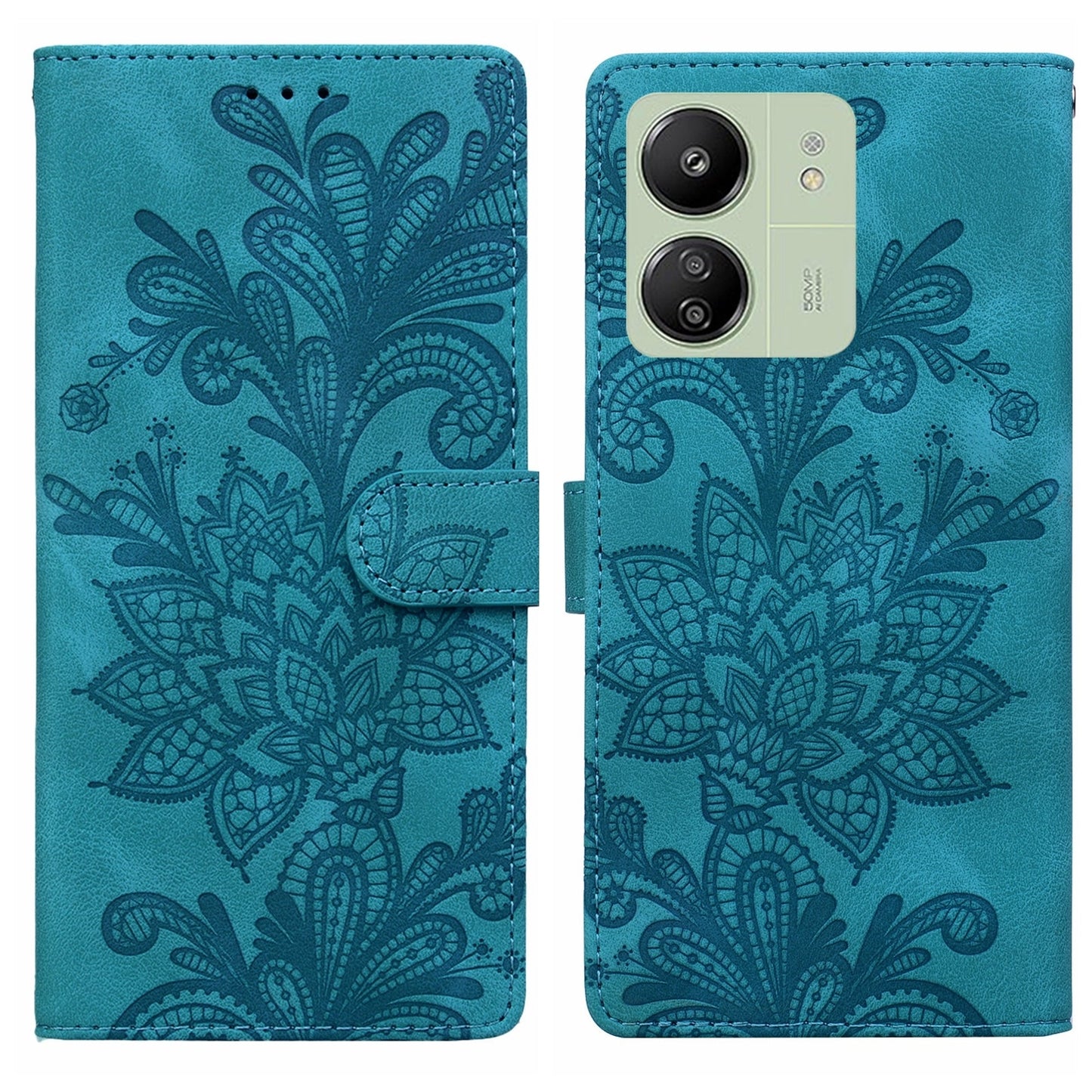 For Redmi 14C Lace Floral Embossed Magnetic Buckle PU Phone Case With Wrist Strap(Green)
