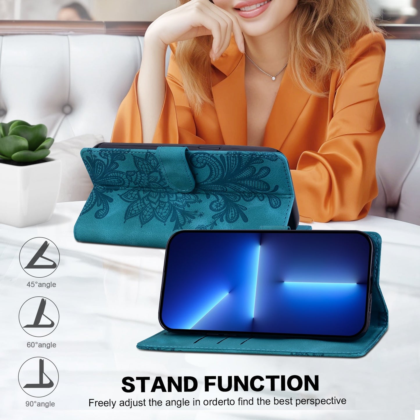 For Redmi 14C Lace Floral Embossed Magnetic Buckle PU Phone Case With Wrist Strap(Green)