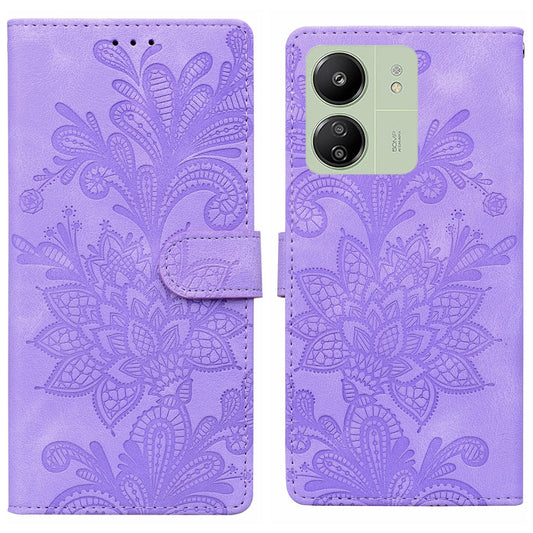 For Redmi 14C Lace Floral Embossed Magnetic Buckle PU Phone Case With Wrist Strap(Purple)