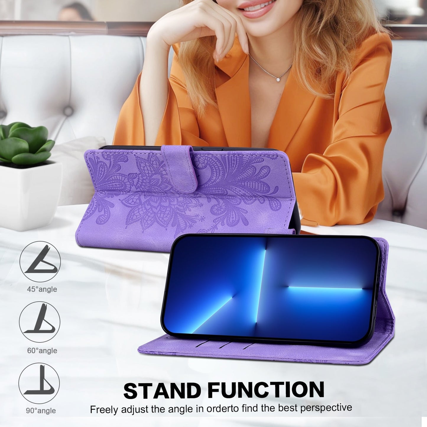 For Redmi 14C Lace Floral Embossed Magnetic Buckle PU Phone Case With Wrist Strap(Purple)