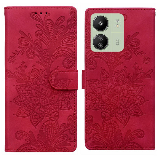 For Redmi 14C Lace Floral Embossed Magnetic Buckle PU Phone Case With Wrist Strap(Red)