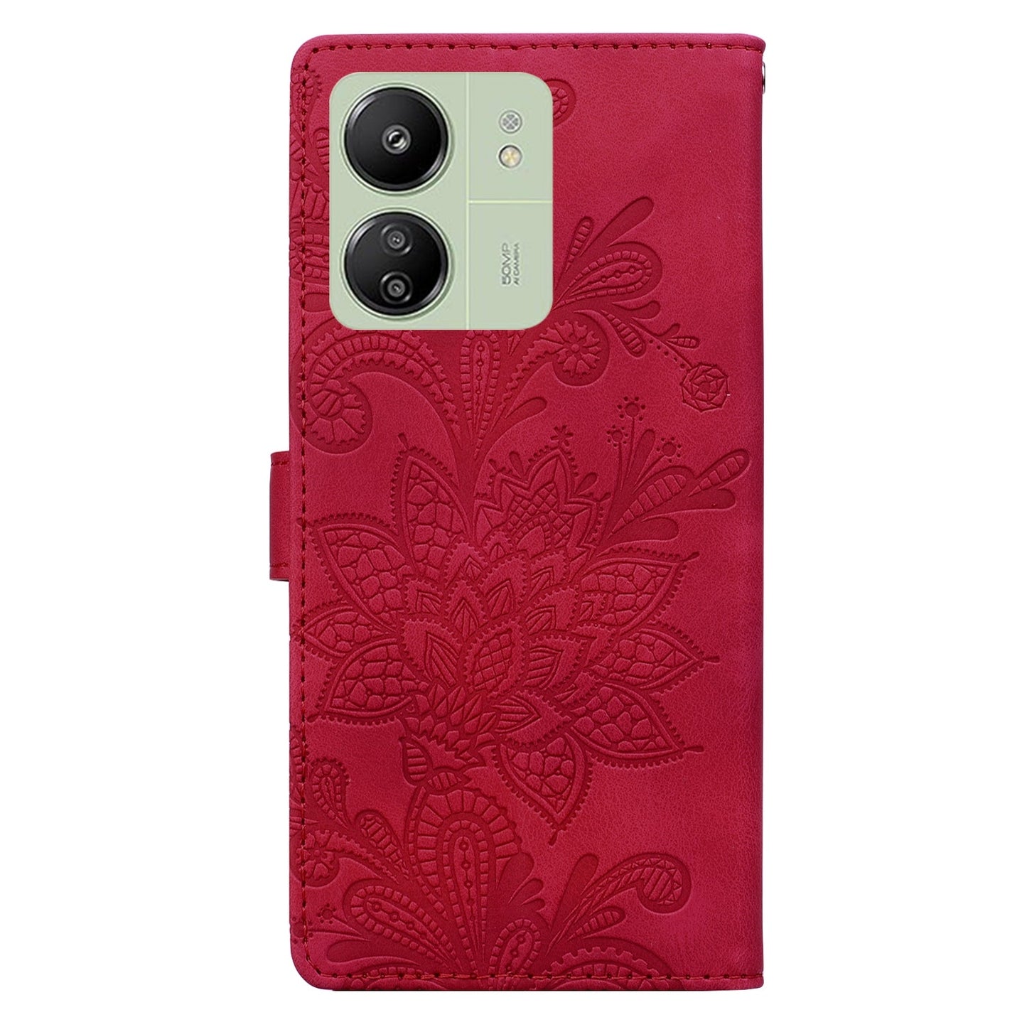For Redmi 14C Lace Floral Embossed Magnetic Buckle PU Phone Case With Wrist Strap(Red)