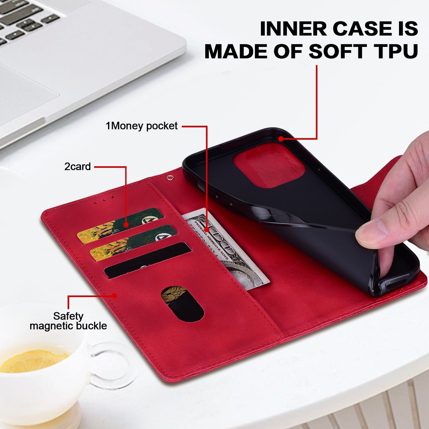 For Redmi 14C Lace Floral Embossed Magnetic Buckle PU Phone Case With Wrist Strap(Red)