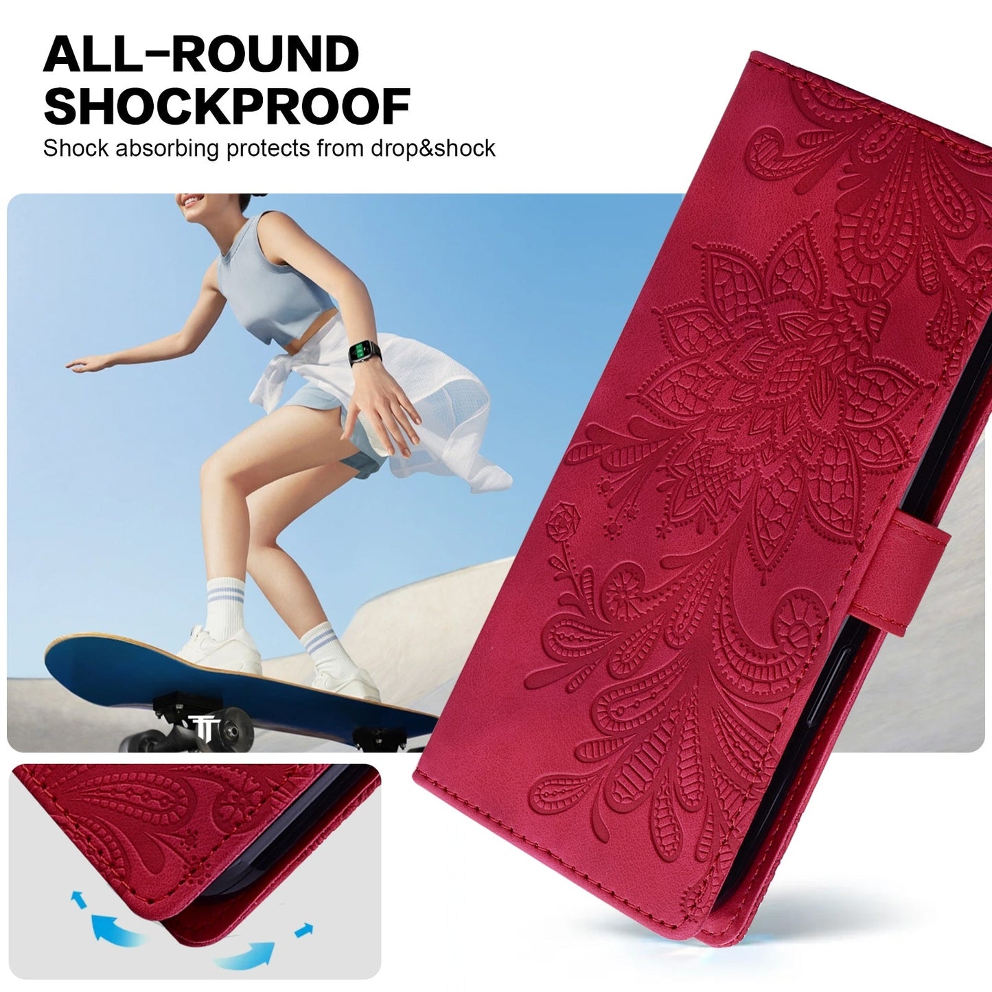 For Redmi 14C Lace Floral Embossed Magnetic Buckle PU Phone Case With Wrist Strap(Red)