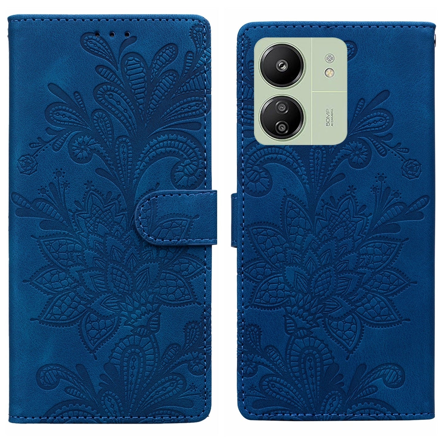 For Redmi 14C Lace Floral Embossed Magnetic Buckle PU Phone Case With Wrist Strap(Blue)